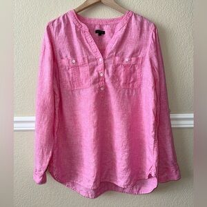 Talbots 100% Linen Camp Shirt Button Front V Neck Pink Size Medium